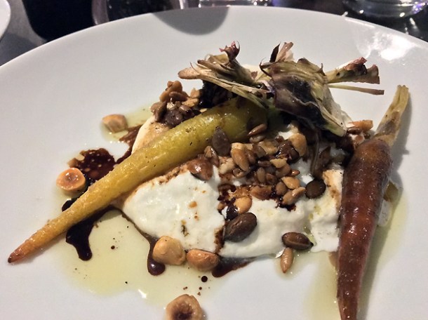 burrata with hazelnuts, carrot and artichokes at osteria barbican