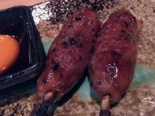 chicken meatballs with egg yolks at yumi izakaya