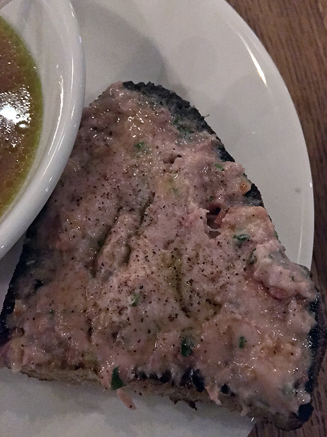 meaty spread toast with rabbit and bacon broth at pitt cue