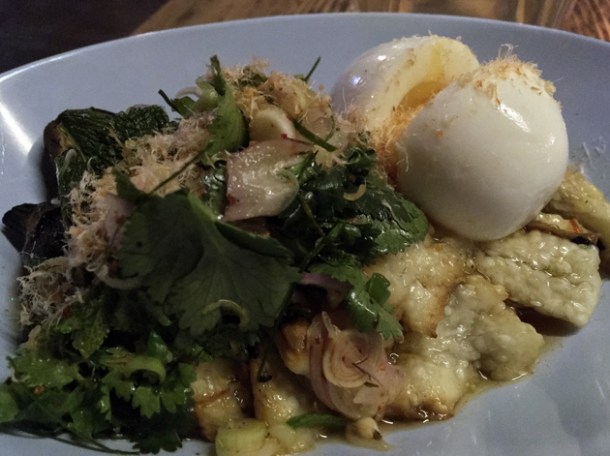 grilled aubergine salad with egg and prawn floss at som saa whitechapel