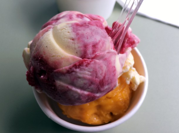 raspberry ripple gelato and mango sorbet at brumus