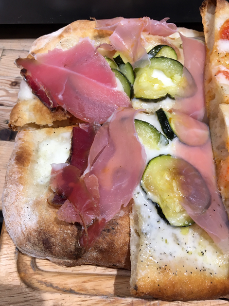 speck and courgette pizza at ice and slice