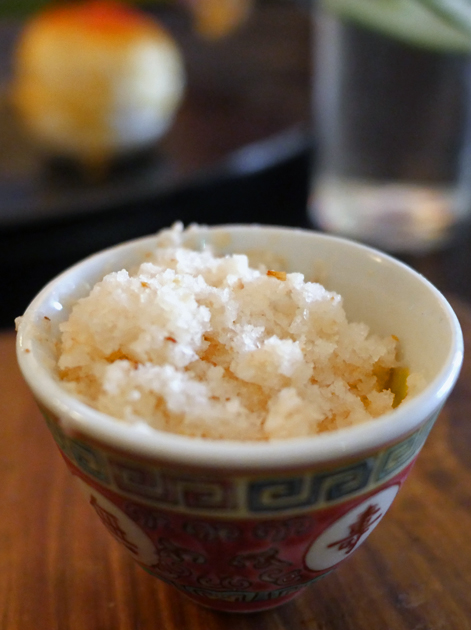 lychee granita with mango puree at a wong