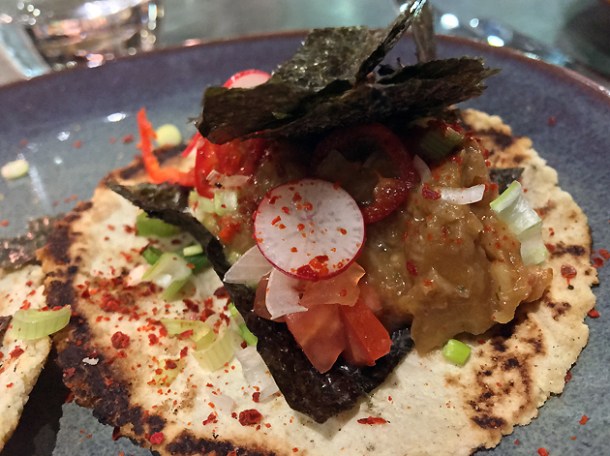 aubergine and chipotle miso tacos at temper