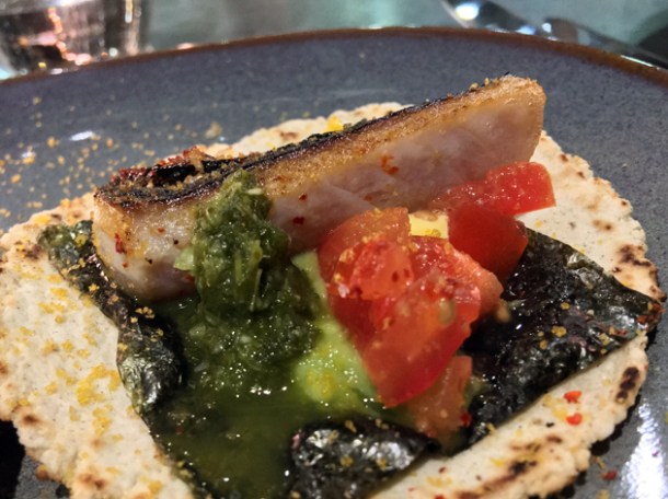 blowtorched mackerel tacos at temper