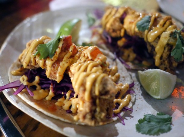 fried chicken tacos at breddos tacos