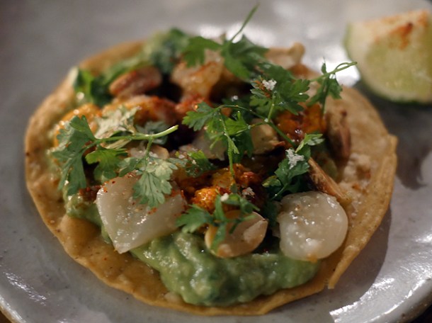 sea urchin and scallop tostada at breddos tacos