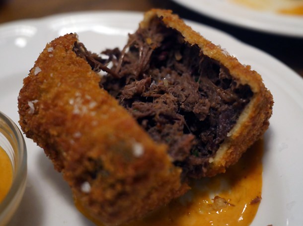 inside chopped brisket croquette at little smoke