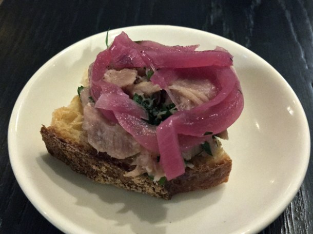 tuna and onions on bread bar snack at rick stein barnes