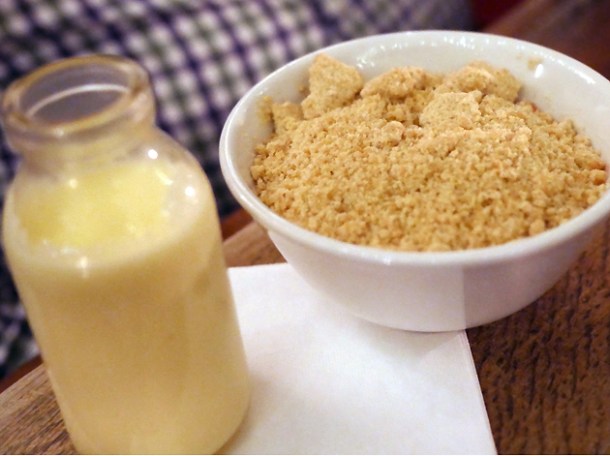 rhubarb crumble with custard at holborn dining room