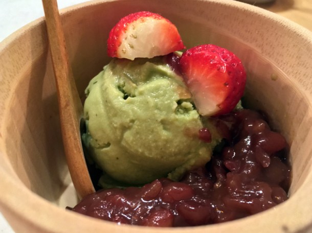 green tea ice cream with strawberries and red bean paste at yamagoya