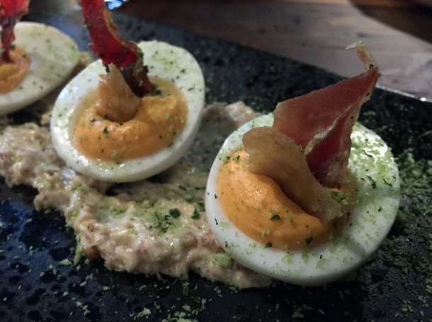 devilled eggs with duck salami at red rooster the curtain