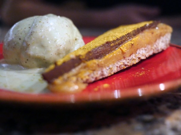chocolate and turmeric tart with pistachio ice cream at temper city