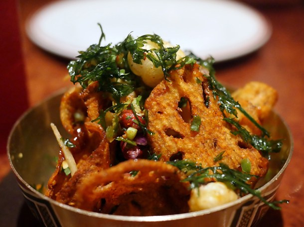 lotus root and puff rice chaat at brigadiers