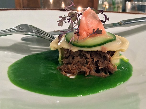 duck confit ravioli with pickled ginger at henry's bath