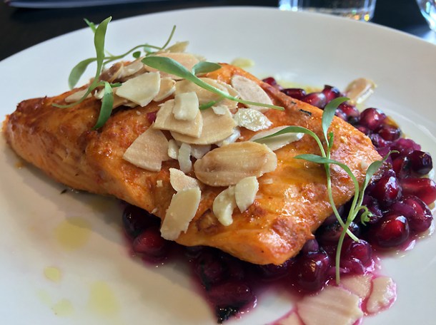 harissa trout with pomegrante and almonds at bob's lobster