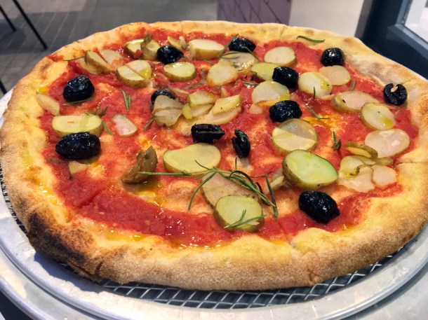 potato, olives and dill vegan pizza at temper covent garden