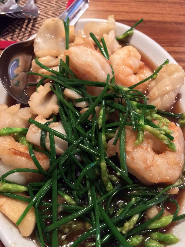 prawns and squid with chives at singburi