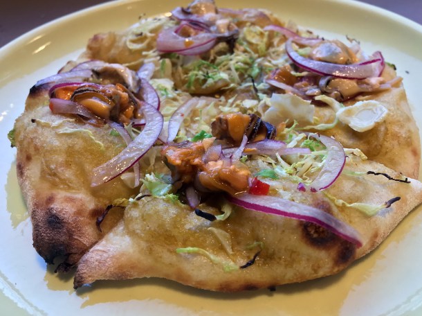 mussels and brussels sprouts flatbread at two lights