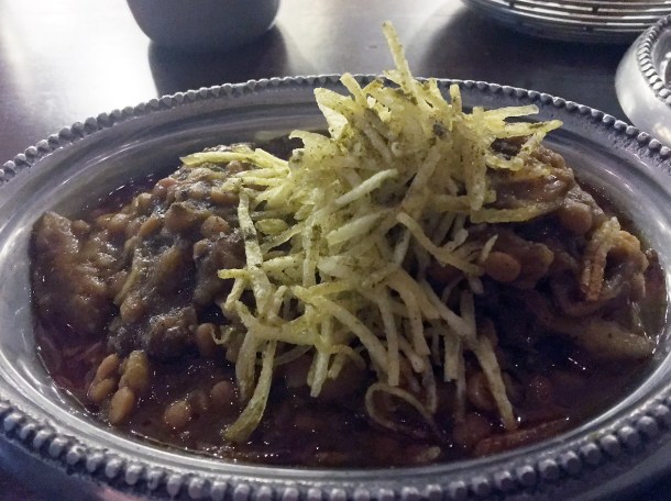 beef short rib, yellow split pea and aubergine stew at berenjak