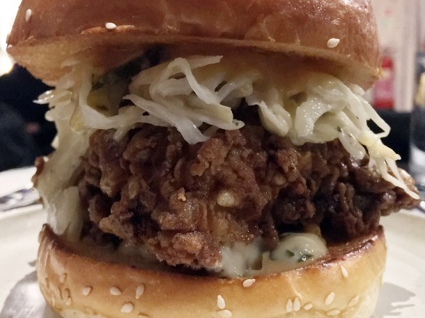 rice krispie fried chicken burger at burger and beyond