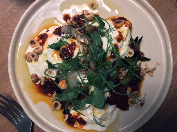 curd with nduja, onion and hazelnuts at orasay notting hill