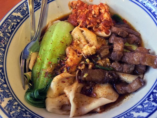 pork biang biang noodles with egg, tomato and chilli sauce at master wei