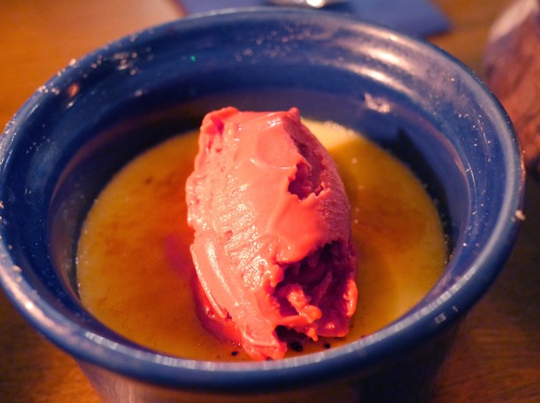 copyrighted photo of the crema catalana with raspberry sorbet at Barullo London