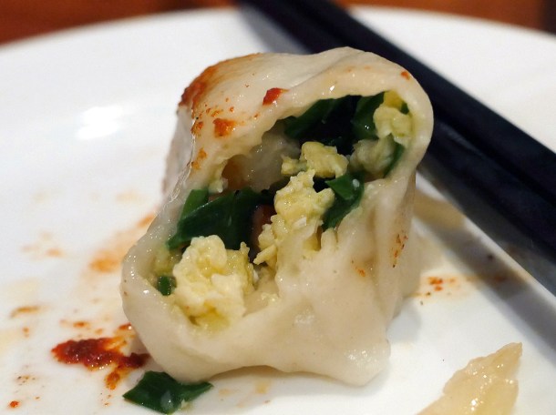 illustrative photo of the egg, leek and prawn dumpling at Silk Road Camberwell