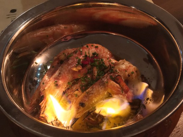 copyrighted photo of the flambeed prawns at Barullo London