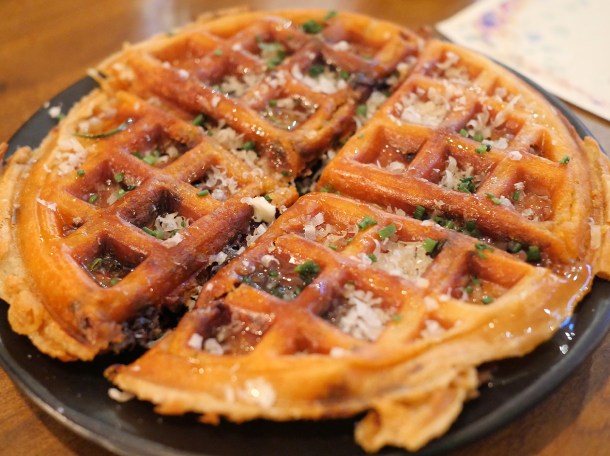 copyrighted photo of the morcilla and cheese waffle at Barullo London