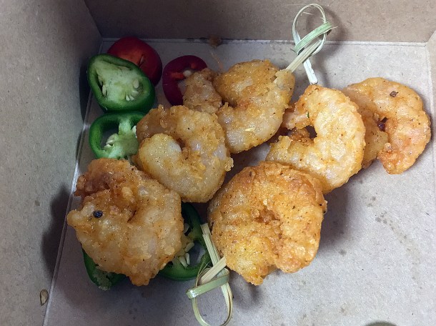 illustrative photo of the battered fried shrimp from Juici Jerk at Mercato Metropolitano Southwark