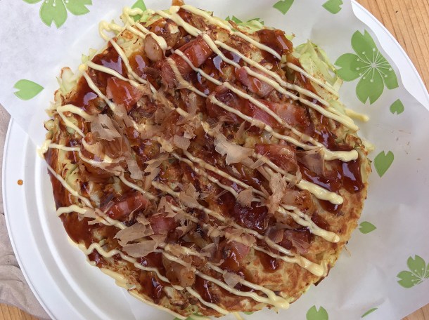 illustrative photo of the pork and shrimp okonomiyaki from Maido at Mercato Metropolitano Southwark