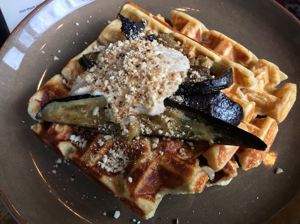 illustrative photo of the aubergine miso cashew waffles from Eat Like A Girl at Homeboy