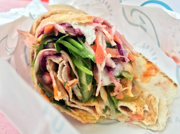 illustrative photo of the lamb kofta flatbread wrap from Laffa at Flat Iron Square
