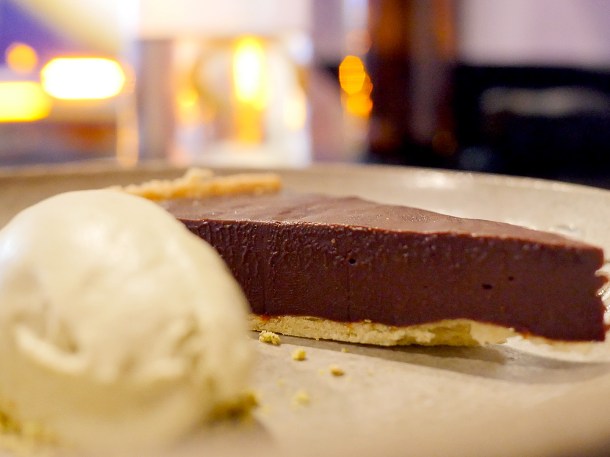illustrative photo of the chilli chocolate tart with pistachio ice cream at Paradise Soho Rupert Street