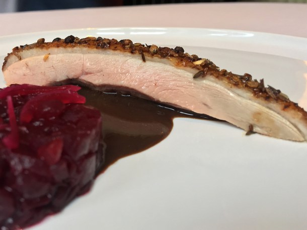 illustrative photo of the duck with beetroot at Claridge's Davies and Brook