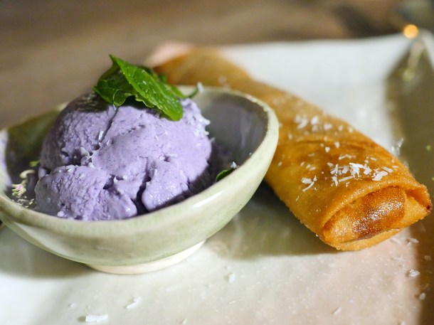 illustrative photo of the turon banana and cinnamon spring roll with ube purple yam ice cream at Bong Bong's Manila Kanteen