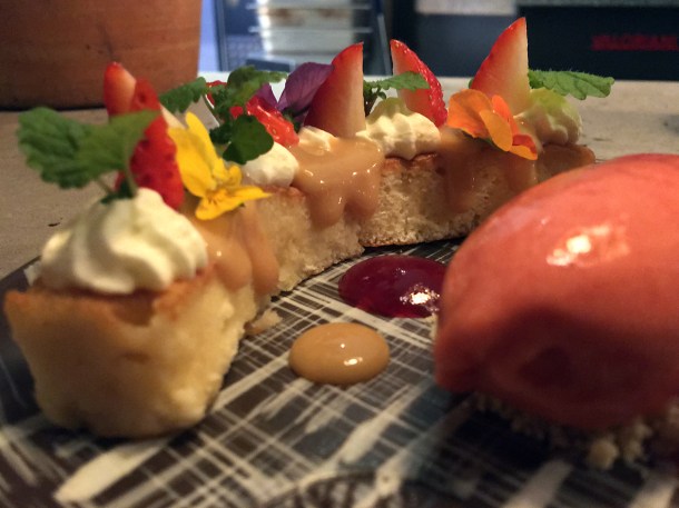 illustrative photo of the strawberry tre leches with ice cream at Madera Treehouse