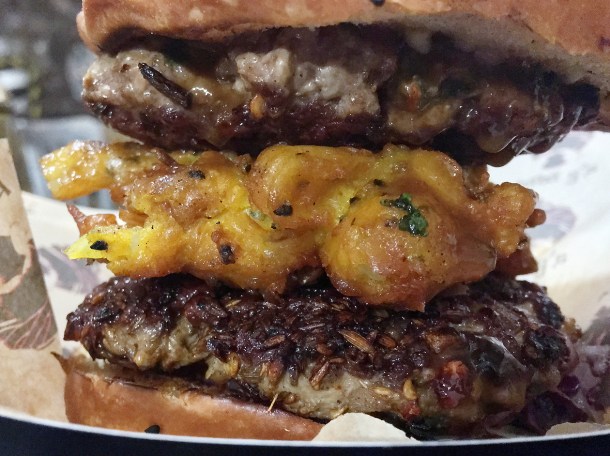 illustrative photo of the naga delhi double lamb burger from Baba G's at Vinegar Yard