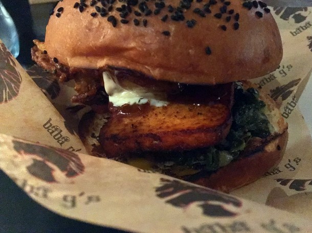 illustrative photo of the paneer saag burger from Baba G's at Vinegar Yard