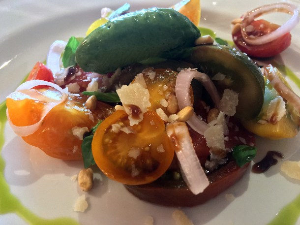 illustrative photo of the heritage tomatoes with frozen pesto and pickled shallots at The Felin Fach Griffin