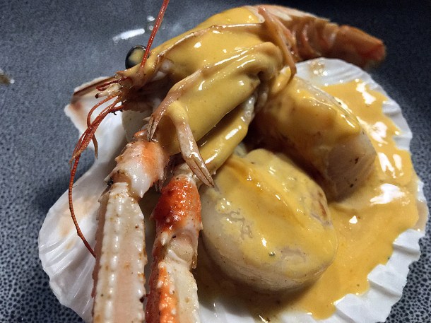illustrative photo of the langoustine and scallops in bisque at The Vine Tree Llangattock