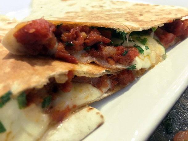 illustrative photo of the melted cheese and chorizo quesadilla at La Chingada