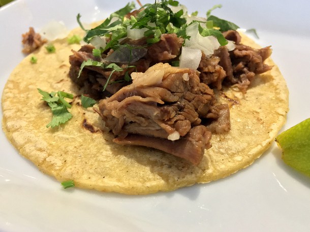 illustrative photos of the suadero beef tacos at La Chingada
