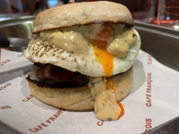 illustrative photo of the fois gras, bacon and egg muffin at Cafe Francois