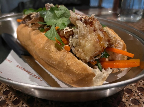 illustrative photo of the soft shell crab banh mi at Cafe Francois
